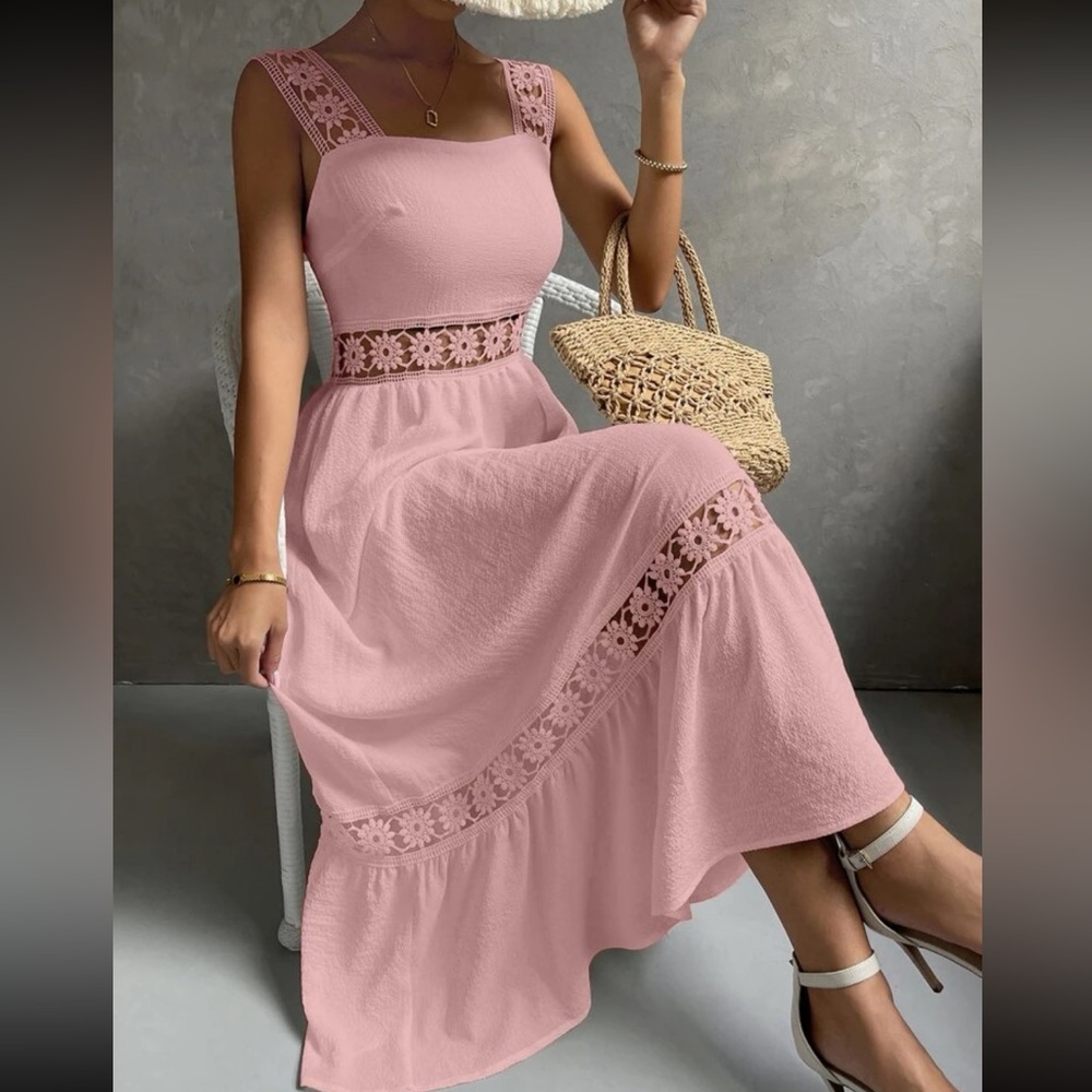 Boho pink lace insert ruffle hem maxi dress